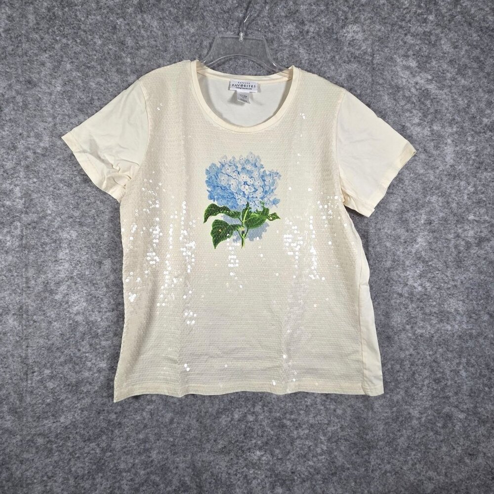 Catalog Favorites Short Sleeve Sequin Top Cream Floral Size L coastal grandma